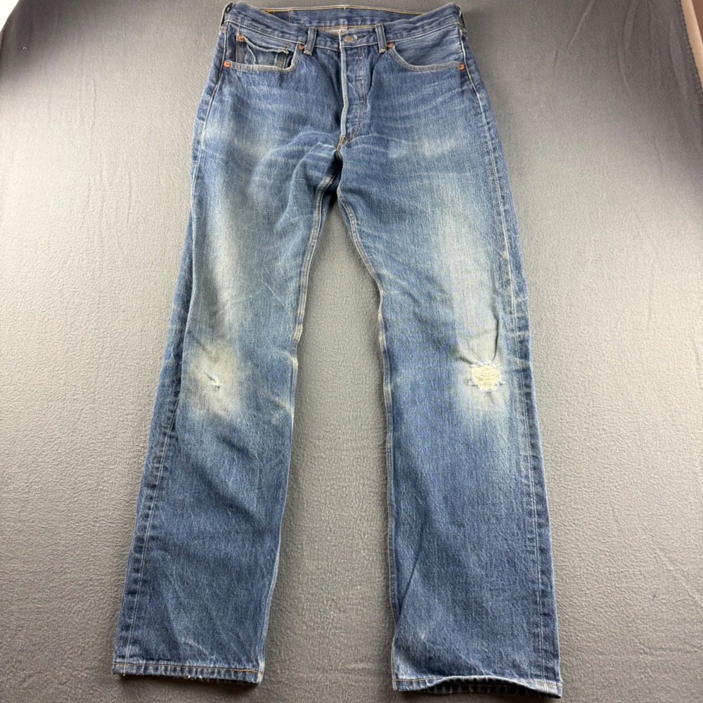 Levis 501 Jeans Mens 34x36 (Fits 32x32) Blue Whiskered Faded Button Fly Straight